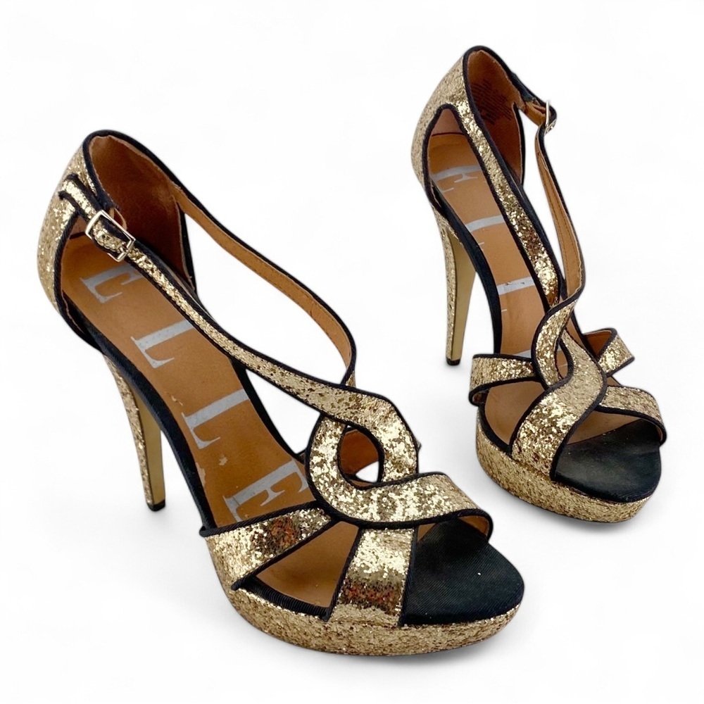 Elle Gemini Gold Glitter Strappy Open Toe Platform Heels Size 9โ - Picture 3 of 6
